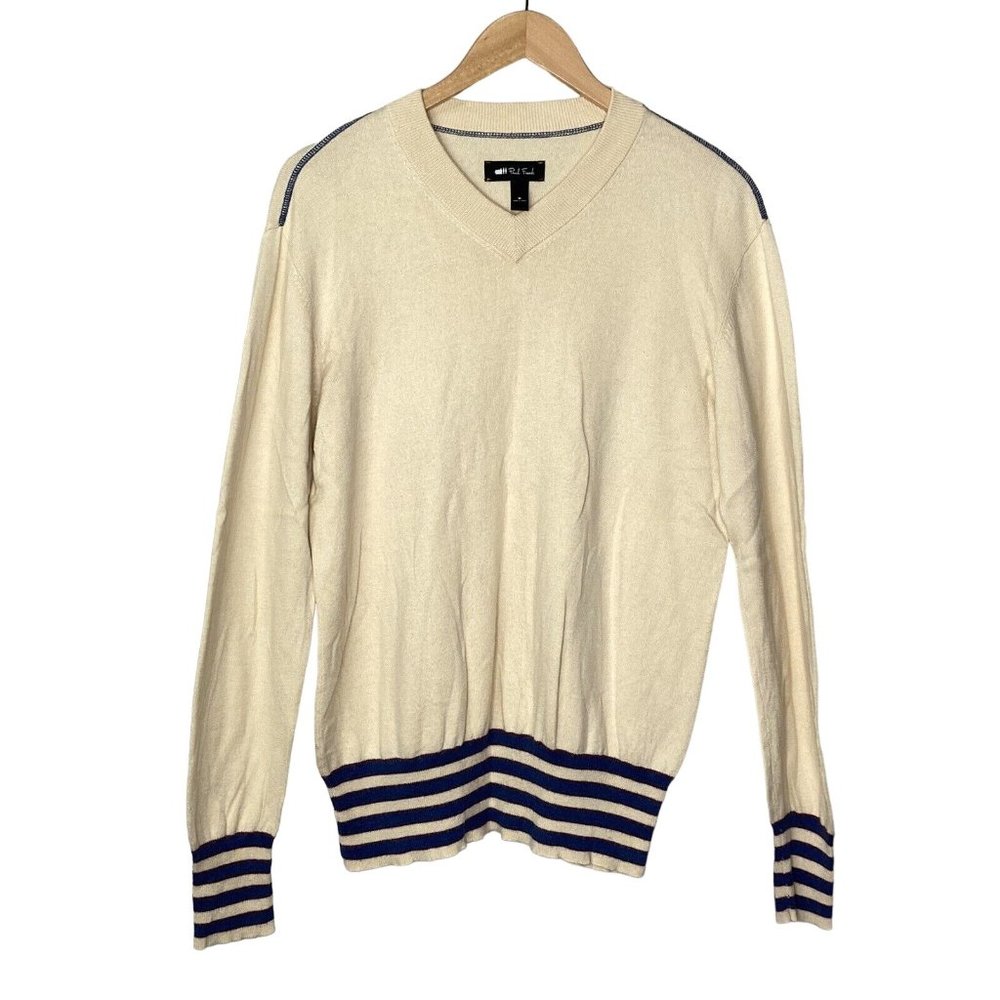 Paul Frank Men’s Vneck Sweater Pullover Cream Stripe Size Medium
